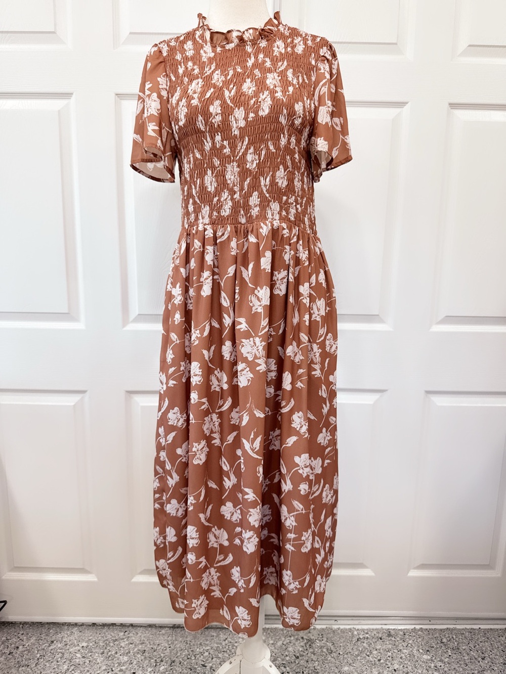 Polagram Rust Brown and White Floral Midi Dress